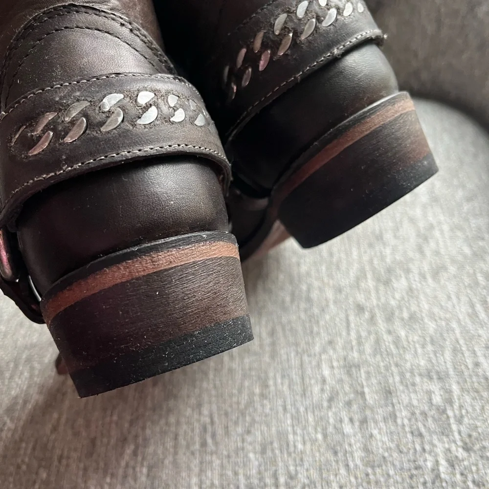 Frye Dark Brown Leather Ankle Boots with Strap Detail